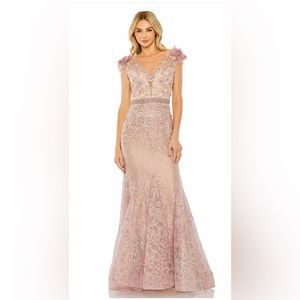 MAC DUGGAL high neck flower shoulder detail mermaid gown